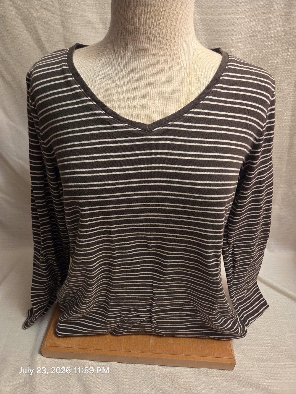 Talbots GREEN and White Striped V-Neck Long Sleeve Top